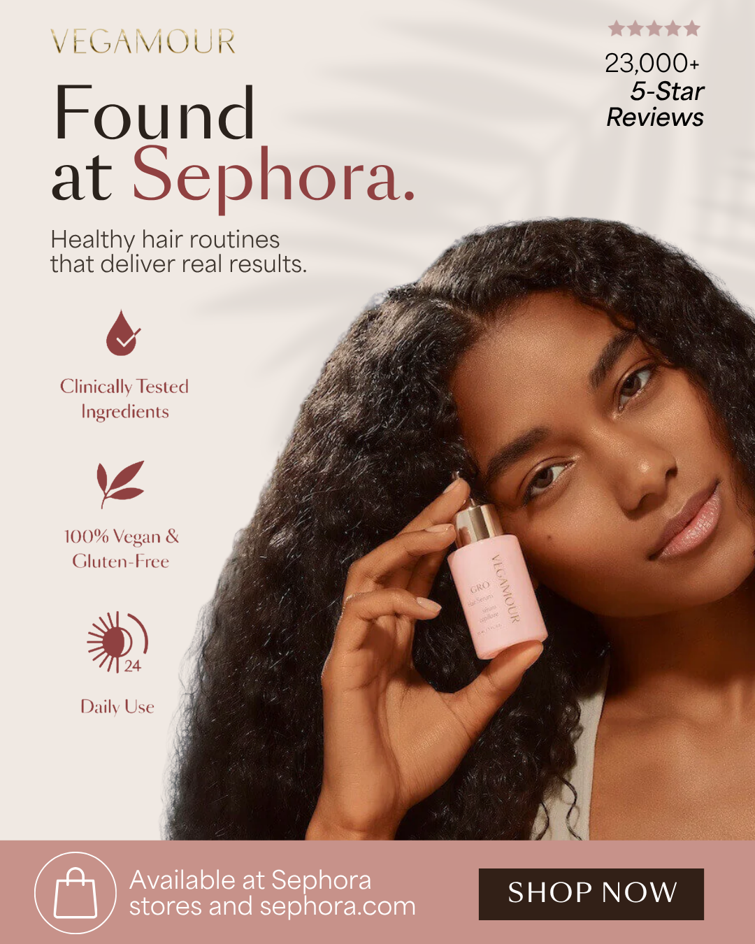 Vegamour Sephora creative with model holding hair serum