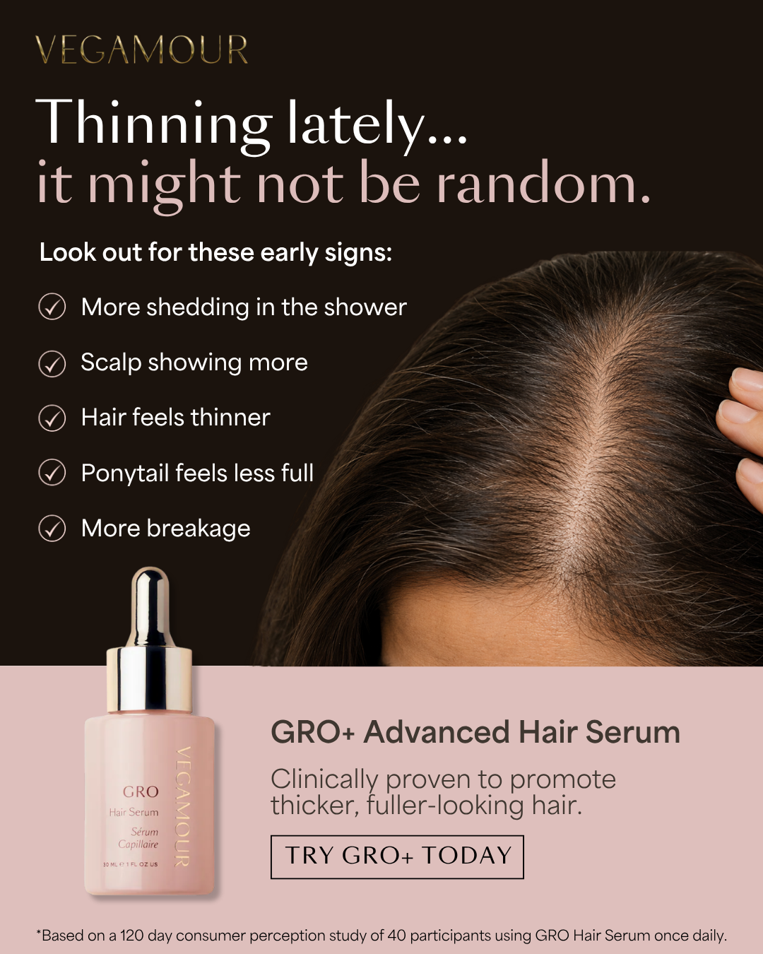 Vegamour GRO+ Advanced Hair Serum ad with thinning hair message