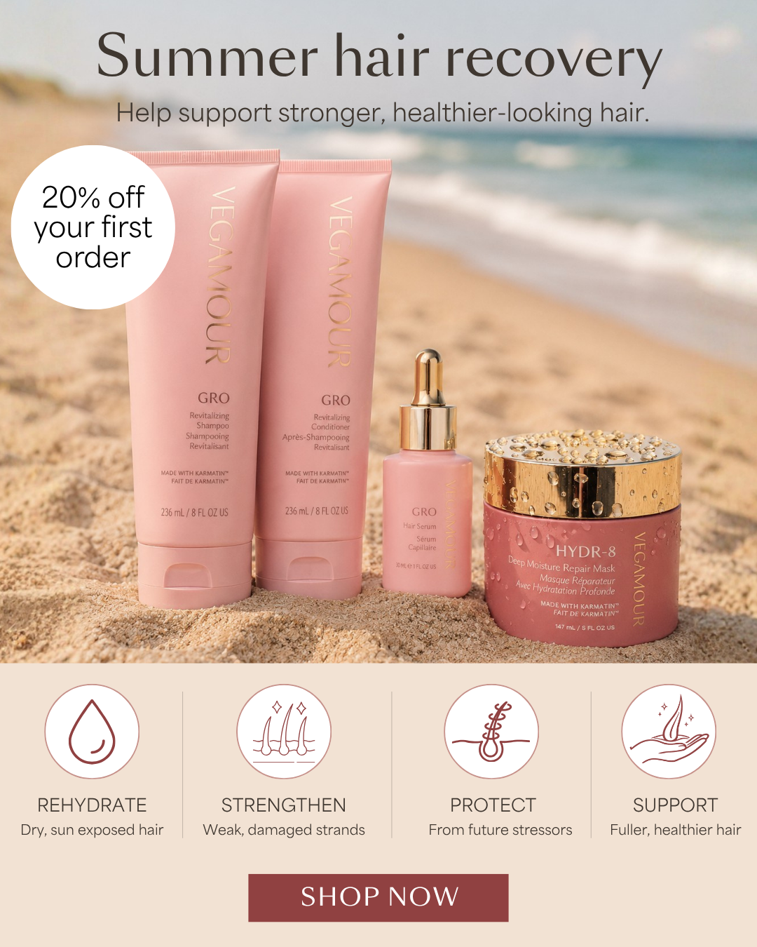 Vegamour summer hair recovery ad on the beach