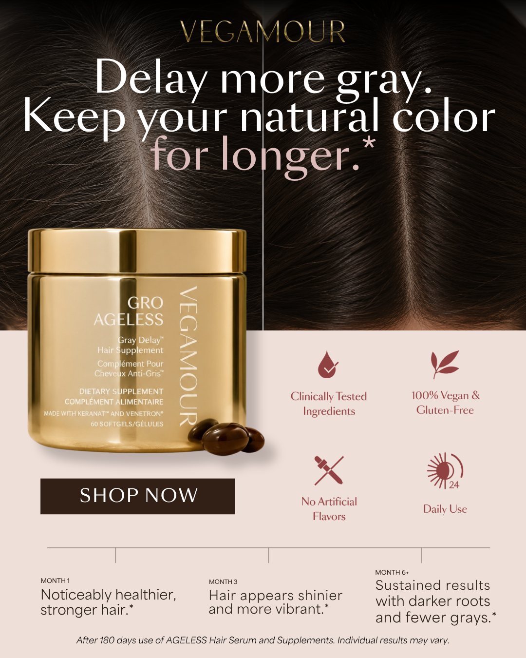 Vegamour GRO Ageless dark hair results ad