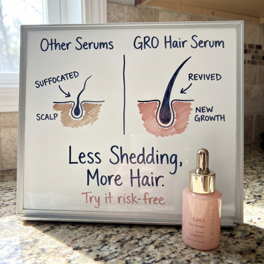 Vegamour Less Shedding More Hair whiteboard ad