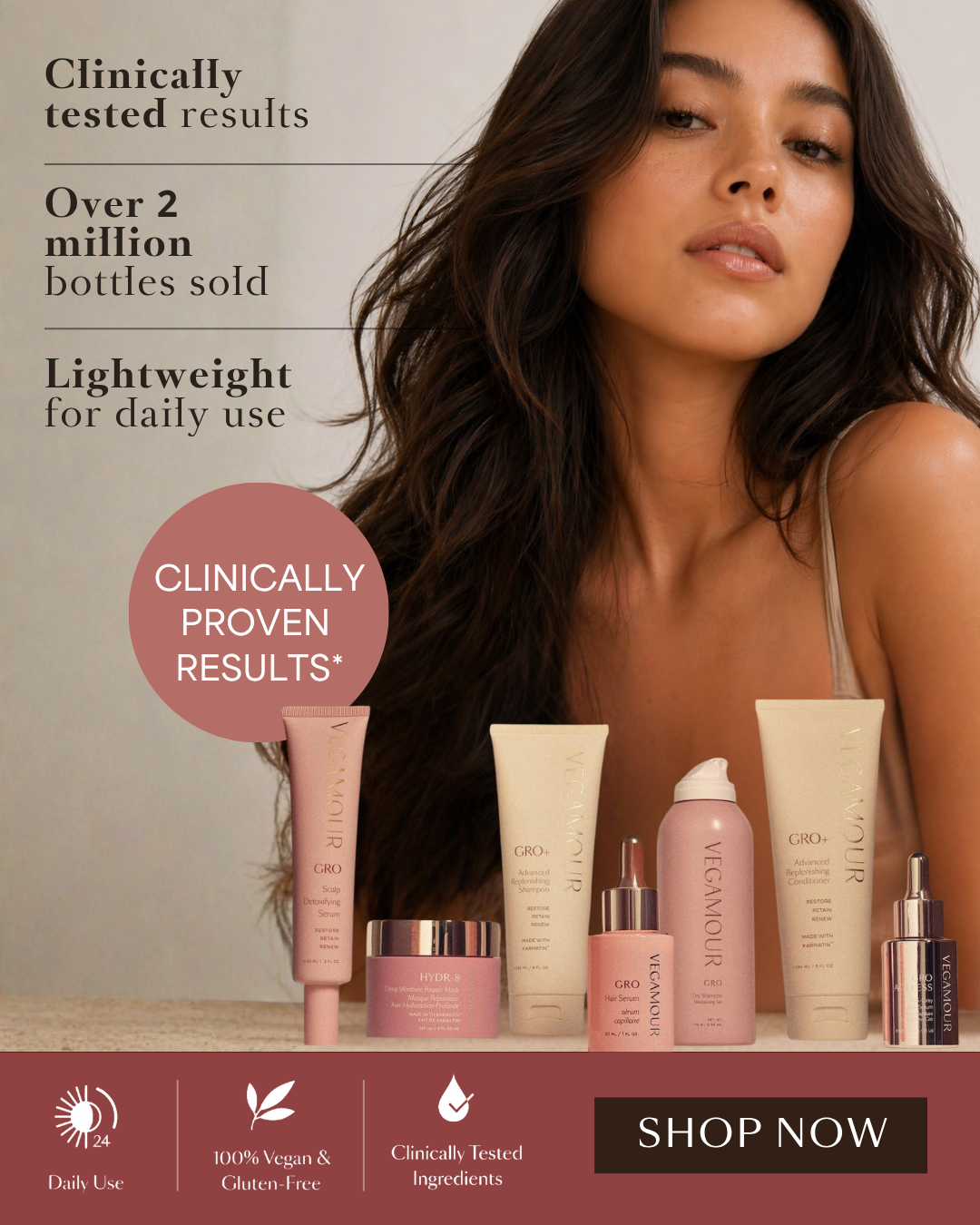 Vegamour clinically tested results ad with product lineup